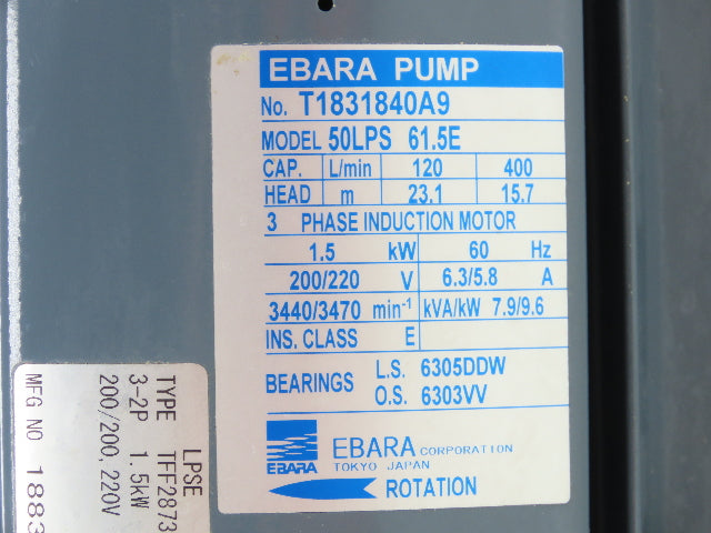 Ebara 50LPS Stainless In-line Centrifugal Pump 105gpm 220V 3PH 2" Threaded DN50