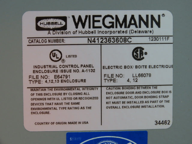 Wiegmann N412363608C Electrical Enclosure Control Panel 36x36x8" Backplate
