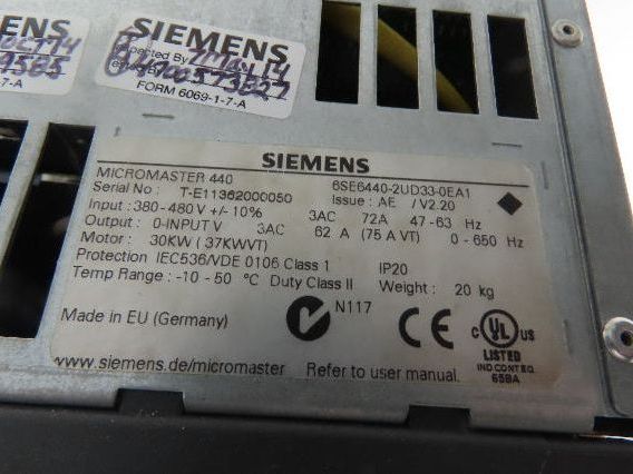 Siemens 6SE6440-2UD33-0EA1 MicroMaster 440 VFD AC Drive 460V 40Hp 30kw