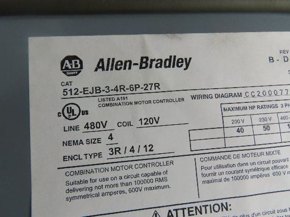 Allen Bradley 512-EJB-3-4R-6P-27R Combination Motor Starter Size 4 100Hp 480V