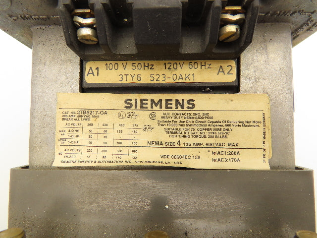 Siemens 3TB5217-0A Motor Starter Contactor 135A 125Hp 600V 3PH 120V Coil Size 4