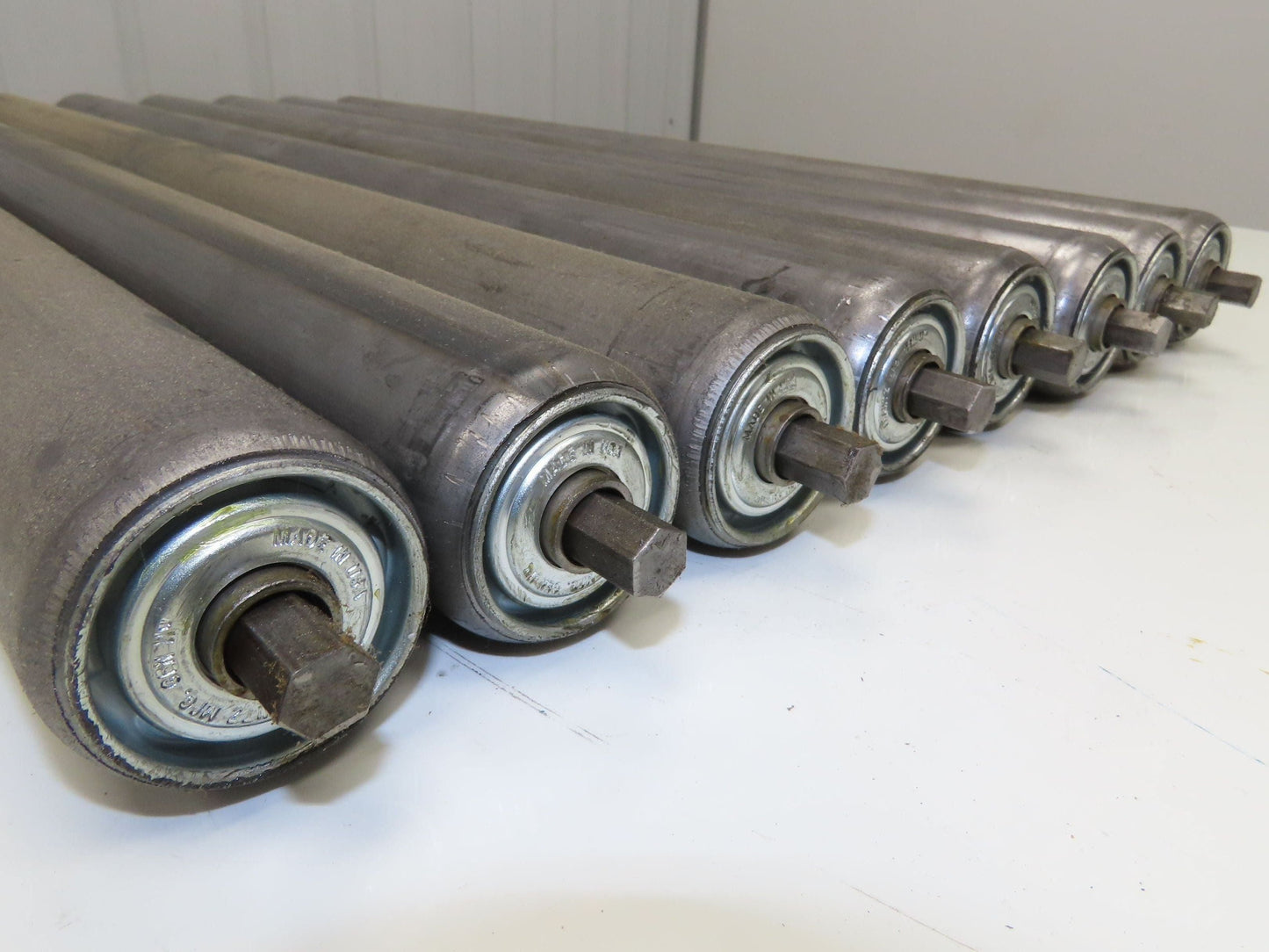 1.9" Conveyor Roller 27.5"BF Galvanized Steel 7/16" Hex Axle Lot of 8