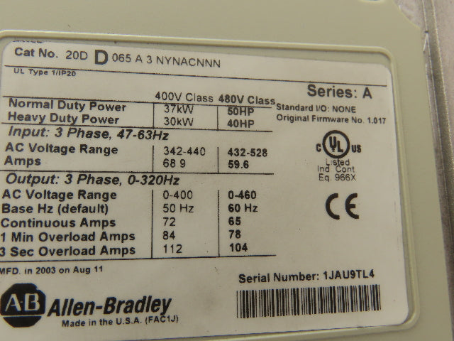 Allen Bradley 20DD065A3NYNACNNN PowerFlex 700S AC Drive VFD 50Hp 480V 3PH Ser A