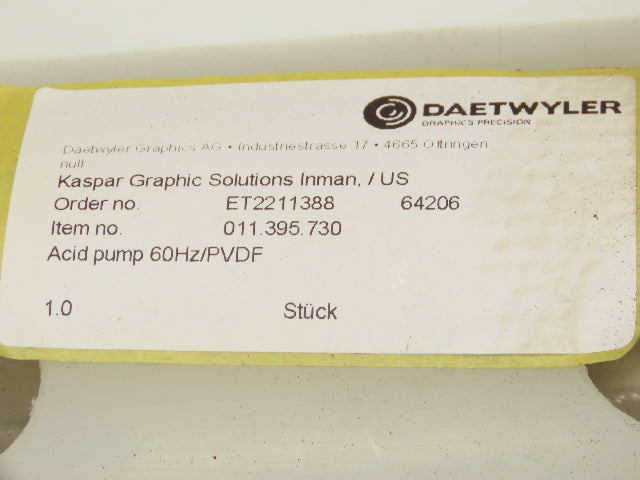 Daetwyler PVDF Acid Chemical Pump Centrifugal Suction 2.5x3" MPT 2.6kw 460V 3PH