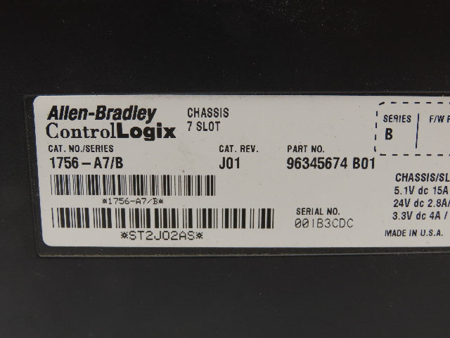 Allen Bradley 1756-A7/B ControlLogix 7 Slot Chassis J01 Ser B