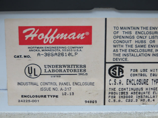 Hoffman A-36SA2610LP Freestanding Electrical Enclosure 36x26x10" Backplate