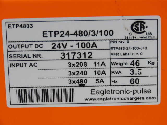 Eagletronic Pulse ETP24-480/3/100 Forklift Battery Charger 24V 100A 240/480V 3Ph