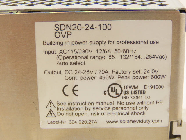 Sola SDN20-24-100 Power Supply Unit 24VDC 20A Output 115/230V Input 600W