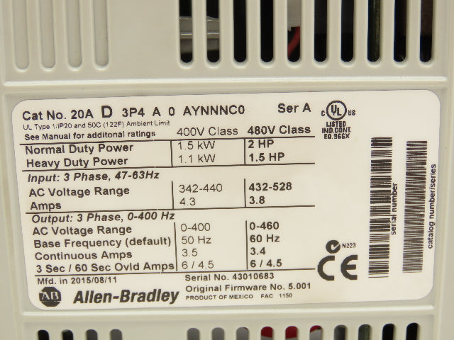 Allen Bradley 20AD3P4A0AYNNNC0 PowerFlex 70 Variable AC Drive VFD 2Hp 480V 3Ph