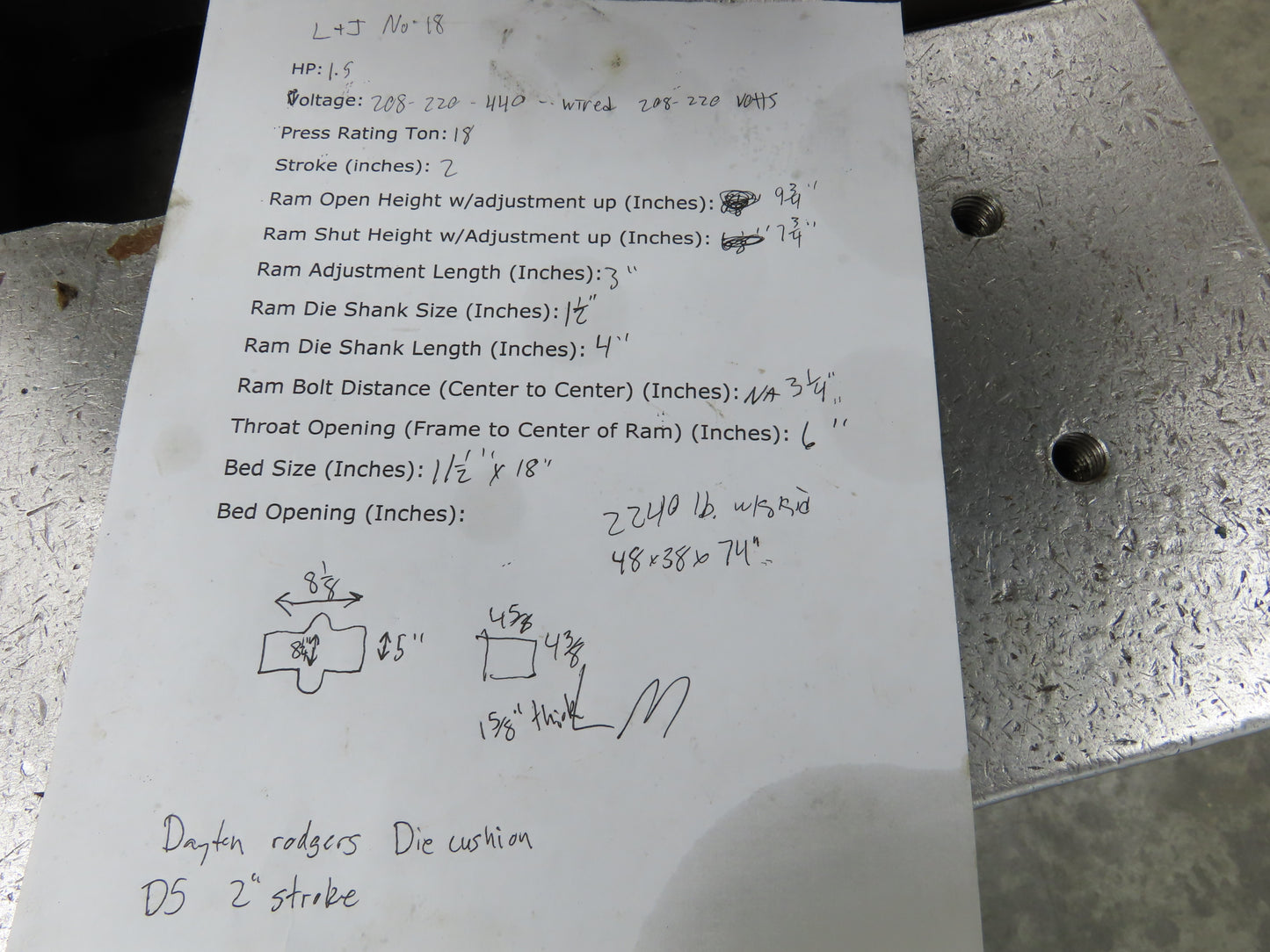 L&J No 18 Mechanical OBI Punch Press 18 Ton 2" Stroke 6" Throat 1.5Hp 3Ph