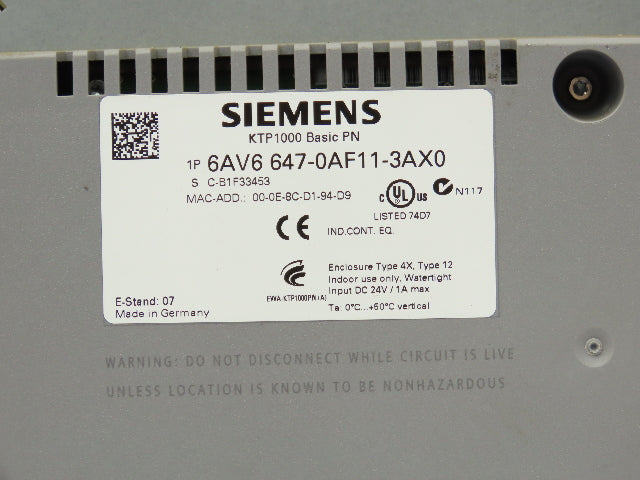 Siemens 6AV6647-0AF11-3AX0 Simatic KTP1000 HMI 10" Touch Control Panel