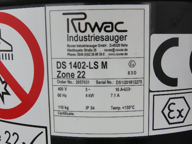 Ruwac DS 1402 LS M Industrial Mobile Vacuum 440 CBM/H 213mbar 3Ph 400V 4kw