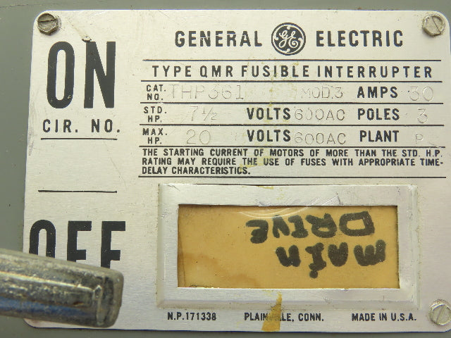 General Electric THP361 Fusible Panelboard Disconnect Switch QMR 30A 600V 3 Pole