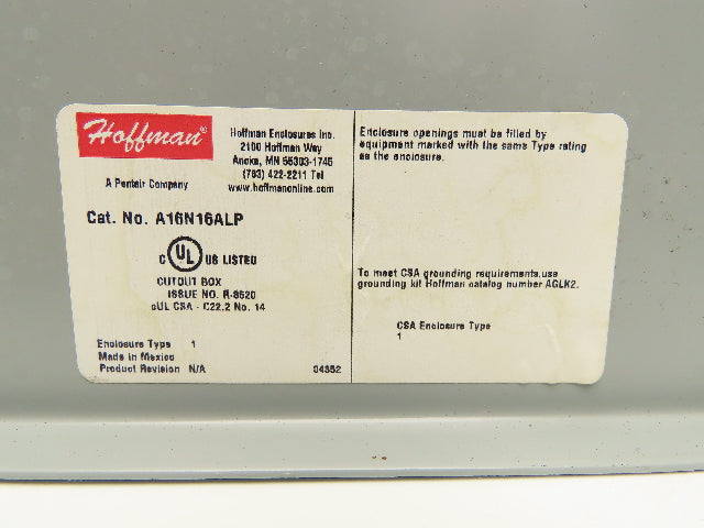 Hoffman A16N16ALP Electrical Enclosure Control Panel 16x16x6" Backplate NEMA 1