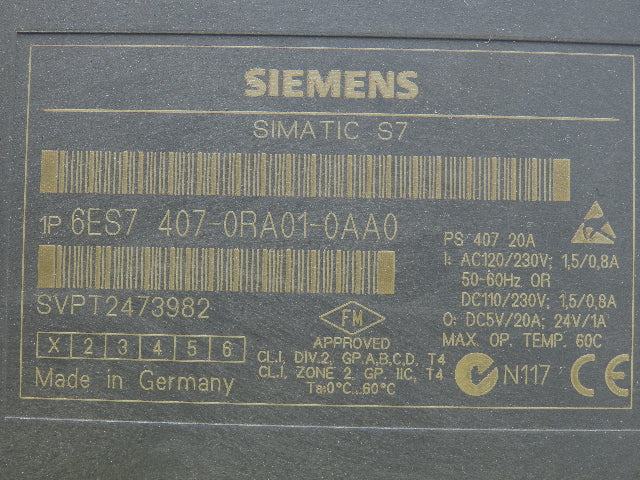 Siemens 6ES7 407-0RA01-0AA0 Simatic S7-400 Power Supply Module 120/230V 20A