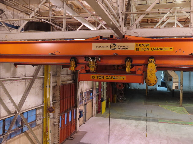 Cleveland Tramrail P&H 15 Ton Double Girder Underhung Bridge Crane 34' 10" Span