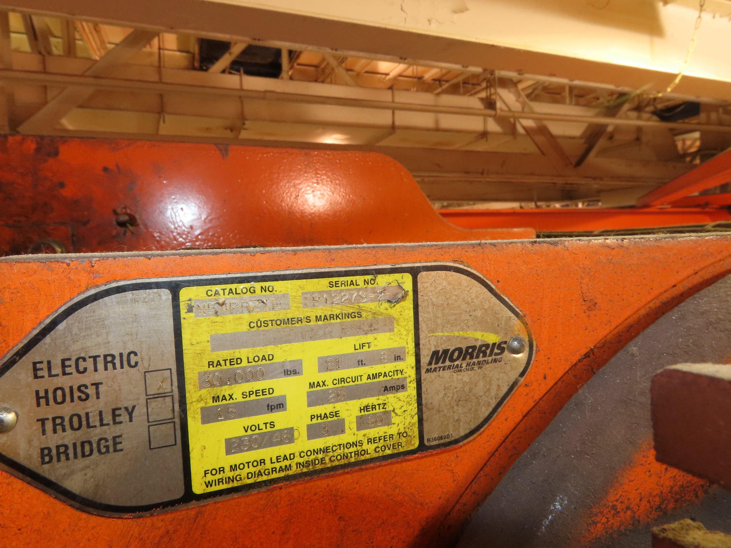 Cleveland Tramrail P&H 15 Ton Double Girder Underhung Bridge Crane 34' 10" Span