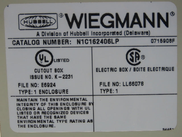 Wiegmann N1C162406LP Electrical Enclosure 24x16x6" Control Panel Switches 7x9"