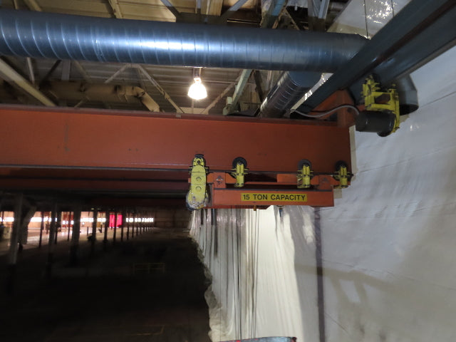 Cleveland Tramrail P&H 15 Ton Double Girder Bridge Crane 45' Span w/Remote