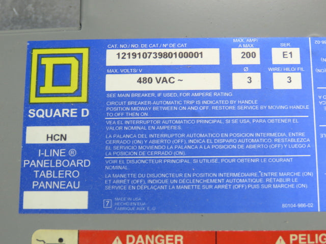 Square D HCM I-Line Panelboard Breaker Box 200 Amp 480V 3 Wire Main Lug 54 Space