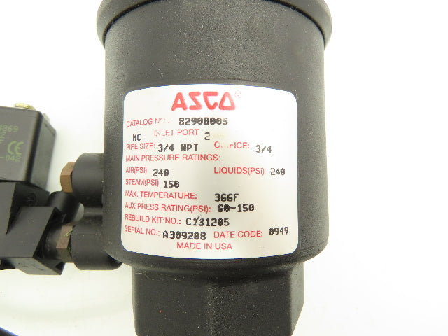 Asco 8290B005 Bronze Pneumatic Solenoid Valve 2-Way 3/4" NPT 24VDC N.C.