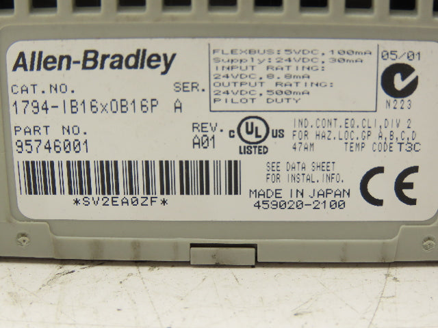 Allen Bradley 1794IB16X0B16P Flex I/O Sink Input/Source Output Ser A REV A01
