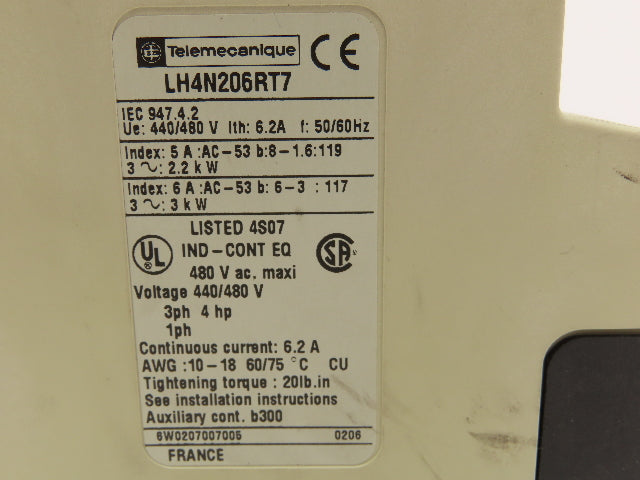 Telemecanique LH4N206RT7 Soft Starter/Stop 4HP 3PH 480V 6.2A