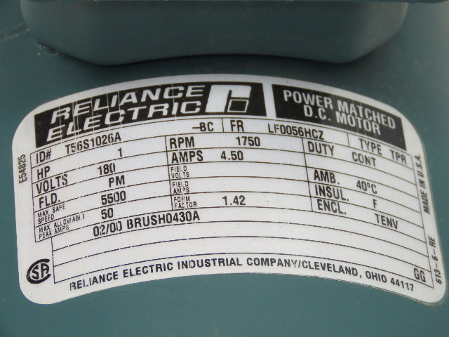 Reliance Electric T56S1026A DC Motor 180V 1Hp 4.5A 1750 RPM 56HC 7/8" Shaft