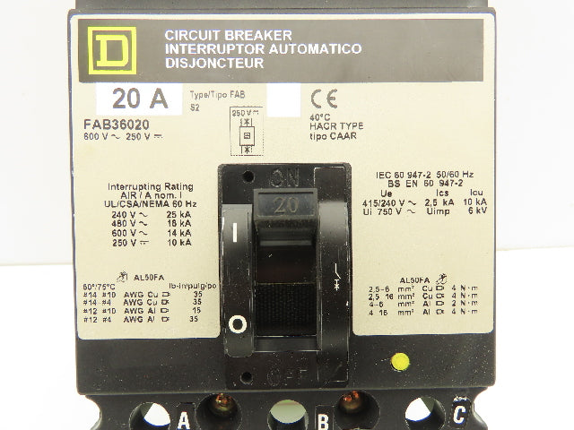 Square D FAB36020 I-Line Circuit Breaker 20A 600V 3 Pole Gray Face
