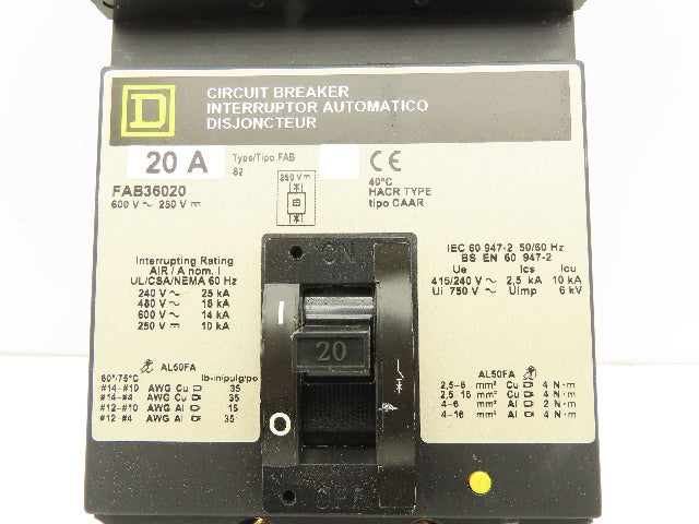 Square D FAB36020 I-Line Circuit Breaker 20A 600V 3 Pole Gray Face