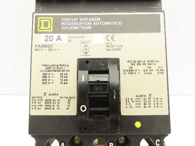 Square D FA36020 I-Line Circuit Breaker 20A 600V 3 Pole Gray Face