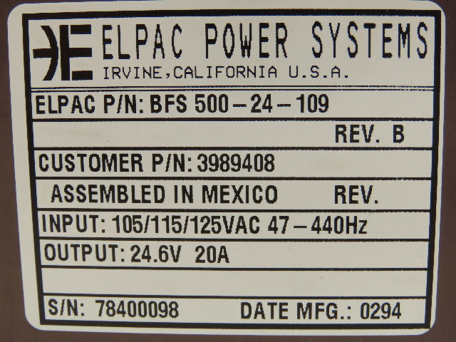 Elpac Power Systems BFS 500-24-109 Power Supply 24.6VDC Output 20A