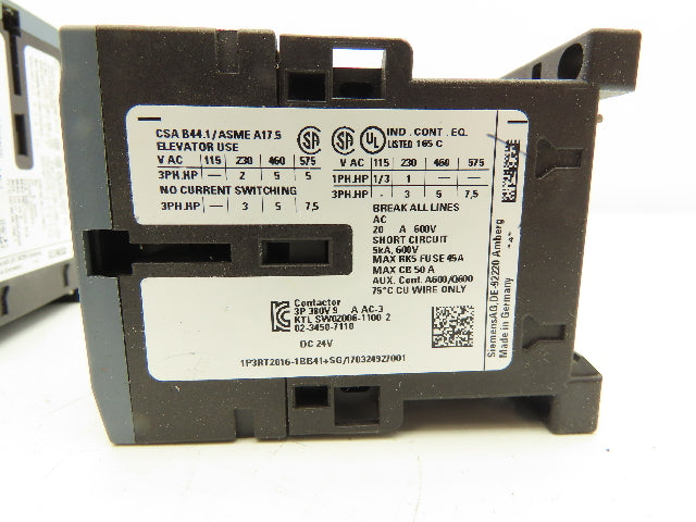 Siemens 3RT20161BB41 Power Contactor 24V Coil 600VAC 20A 3PH Lot Of 8