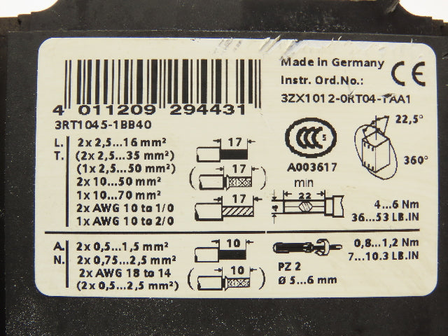 Siemens 3RT1045-1BB40 Sirius Motor Starter Contactor 24vDC Coil