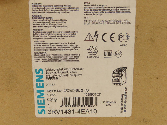 Siemens 3RV1431-4EA10 Manual Motor Starter Circuit Breaker 22A-32A 3PH 600VAC