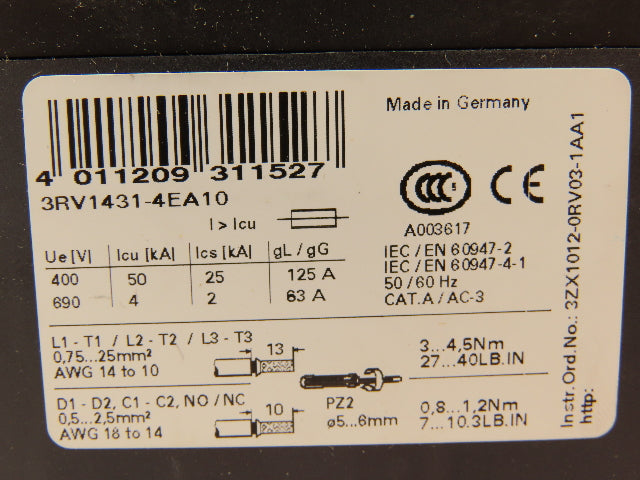 Siemens 3RV1431-4EA10 Manual Motor Starter Circuit Breaker 22A-32A 3PH 600VAC