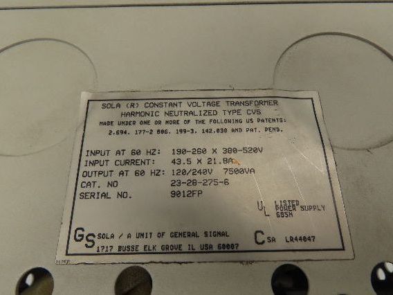 Sola 23-28-275-6 CVS Power Transformer 7500VA HV 240/480V LV 120/240V