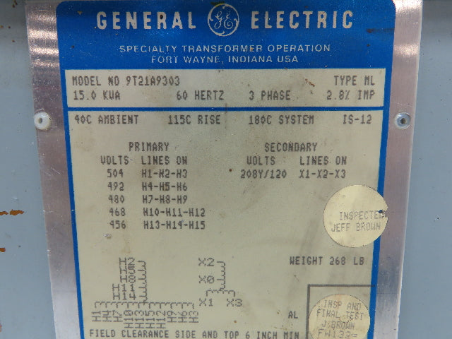 GE 9T21A9303 Stepdown Power Transformer 15kva 3Ph HV 480V LV 208Y/120