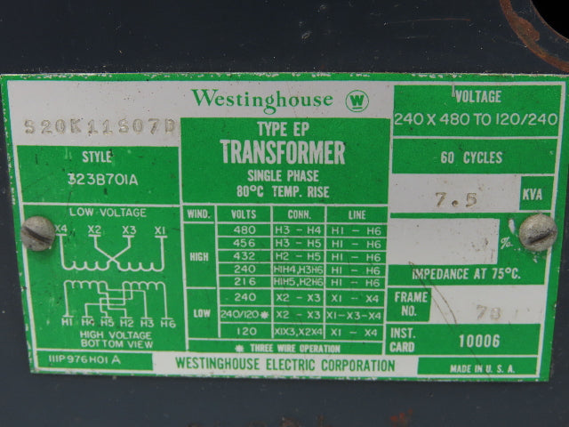 Westinghouse S20K11S07D Stepdown Transformer 7.5kva 1Ph HV 240/480 LV 240/120