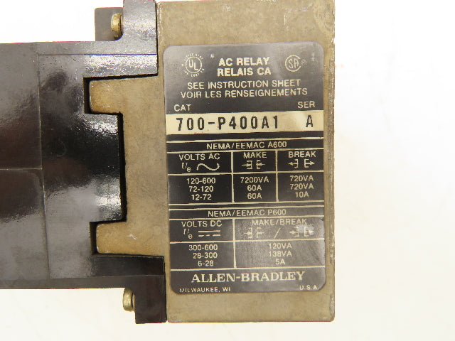 Allen Bradley 700-P400A1 AC Control Relay 120V Coil 10A 120VAC Lot Of 12