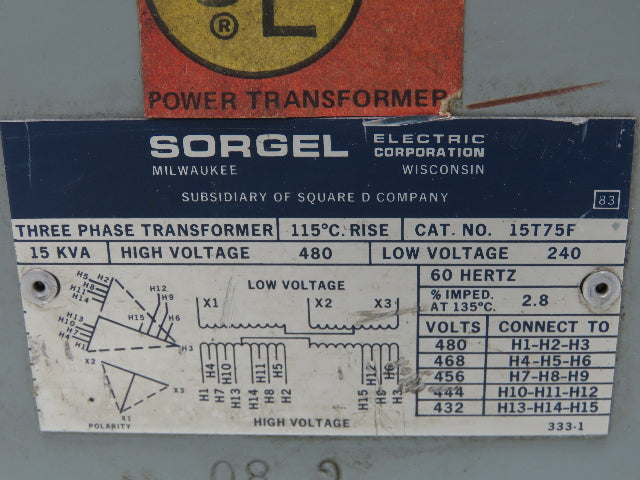 Square D 15T75F Stepdown Power Transformer 15 kVA 3Ph HV 480V LV 240V Delta