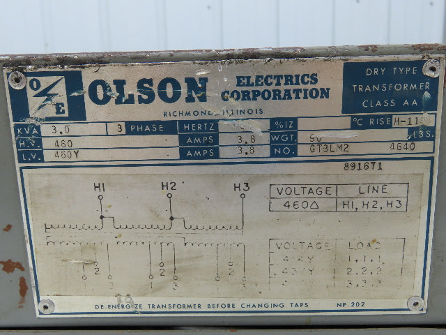 Olson GT3LM2 Isolation Power Transformer 3 kVA 3Ph HV 460 Delta LV 460Y