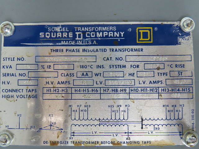 Square D 32749-17145-001 Stepdown Transformer 15 kVA 3Ph HV 480V LV 208Y/120
