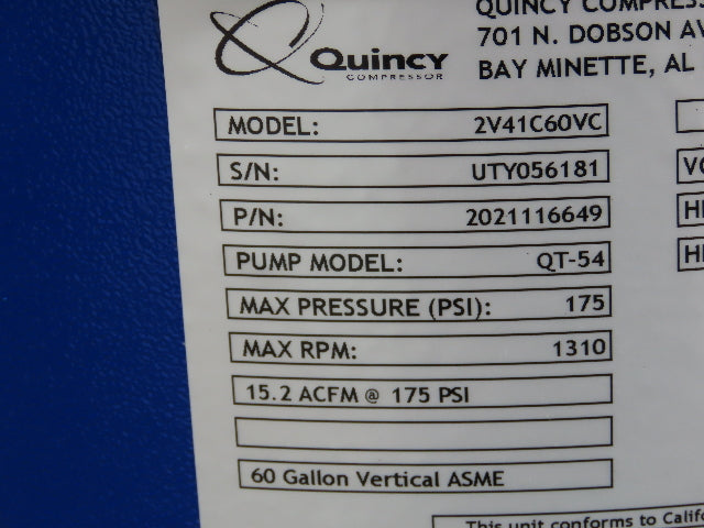 Quincy 2V41C60VC QT-54 Pro Air Compressor 5HP 60 Gal 15.2CFM Two-Stage 230V 1Ph