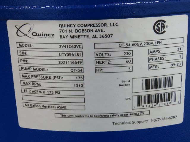 Quincy 2V41C60VC QT-54 Pro Air Compressor 5HP 60 Gal 15.2CFM Two-Stage 230V 1Ph