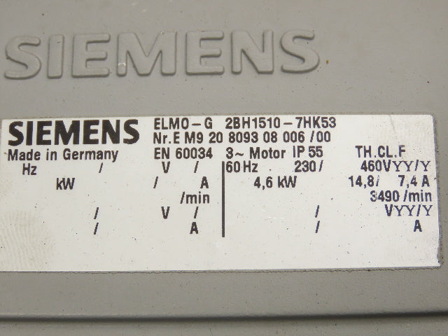 Siemens ELMO-G 2BH1510-7HK53 2" Vacuum Blower 6Hp 230/460V 3PH