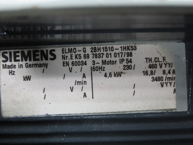 Siemens ELMO-G 2BH1510-1HK53 2" Vacuum Blower 6Hp 230/460V 3PH