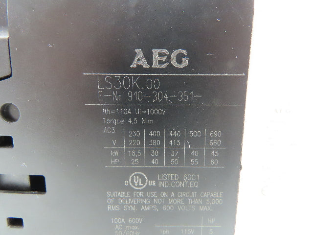 AEG LS30K.00 Contactor 220-660VAC 3PH 25-60HP 18.5-45kW