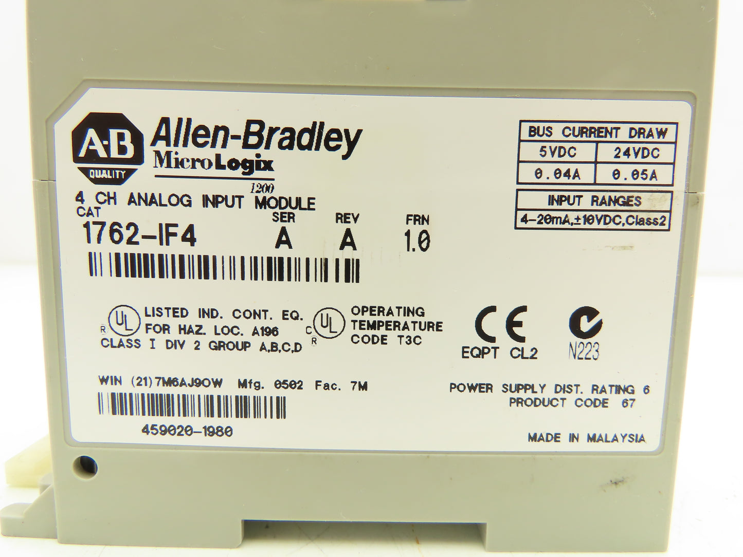 Allen Bradley 1762-IF4 MicroLogix Analog Input Module 24V Ser A Rev A
