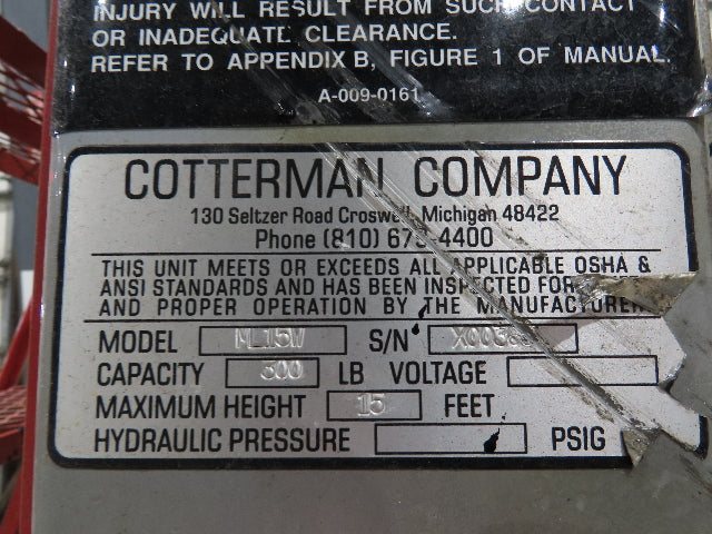 Cotterman ML15W Maxi-Lift 15' Manual Man Lift Elevating Work Platform Ladder